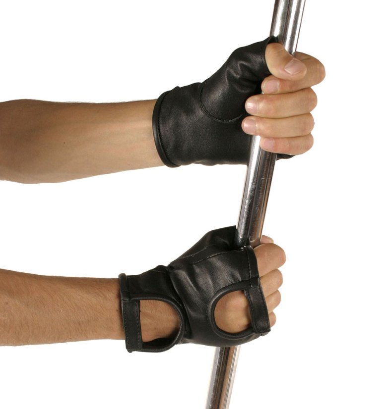 Short leather fingerless gloves with a large opening for the entire palm