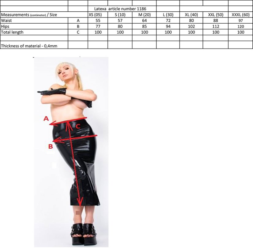 Dlhá latexová sukňa s rázporkom - tabuľka veľkostí