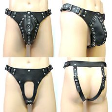 Pánske kožené tangá s odnímateľným vreckom na prirodzenie - pohľad zo všetkých strán