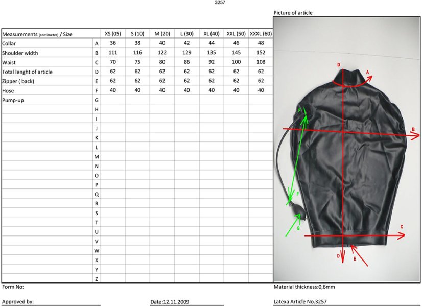 Lataxová nafukovacia zvieracia kazajka - tabuľka veľkostí