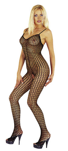 Síťový catsuit s ramínky a otevřeným rozkrokem