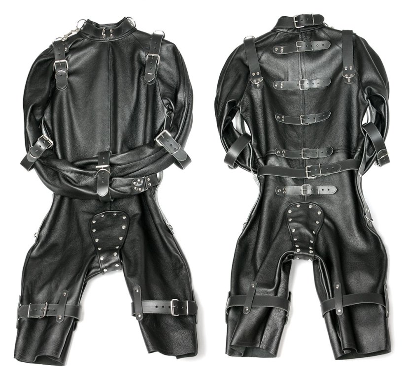 Kožená bondážna kombinéza pre BDSM - pohľad spredu a zozadu