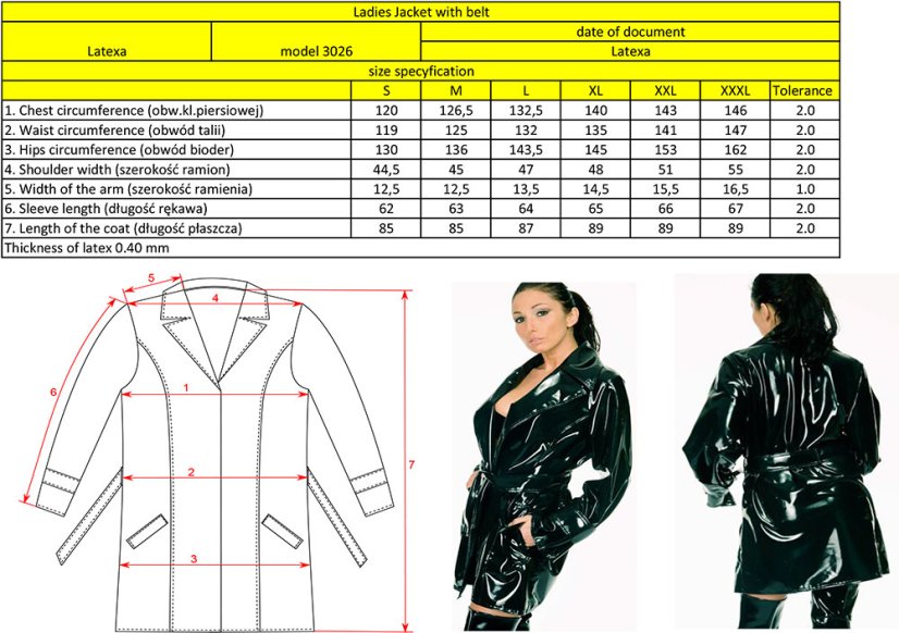 Elegantný latexový kabátik s prešívanými švami - tabuľka veľkostí