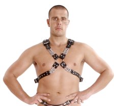 Pánsky kožený hrudníkový postroj s reťazami a D-krúžkami