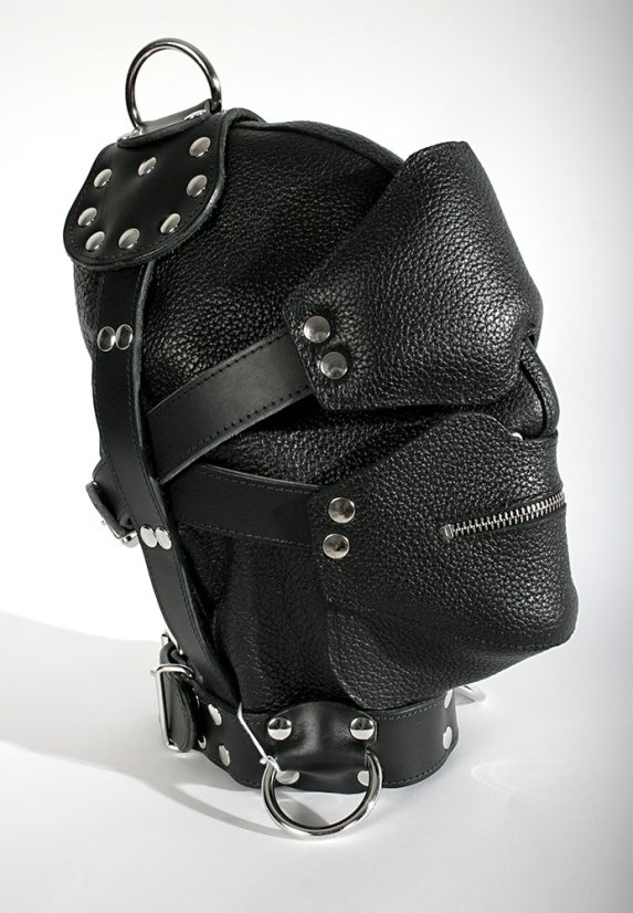 Kožená BDSM maska z hrubej kože, so zipsom a polstrovanou očnou maskou