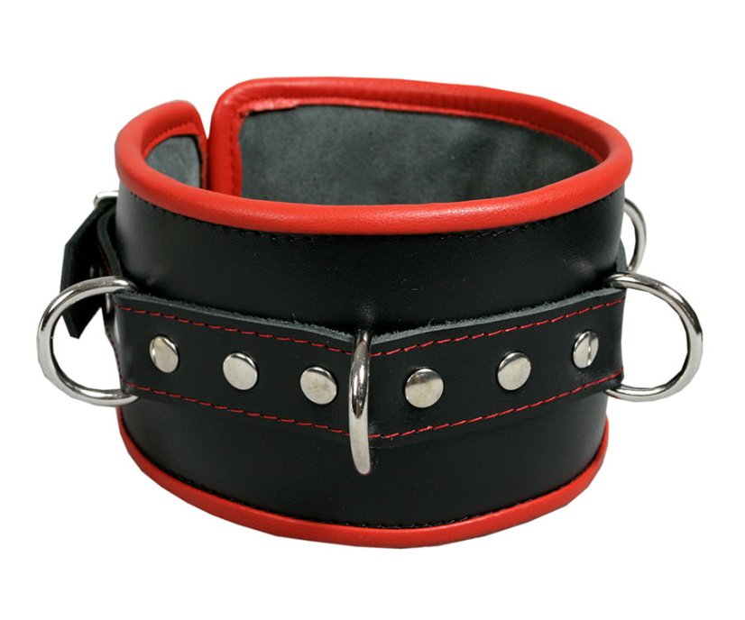 Čierny kožený obojok s červeným lemovaním