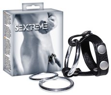 Kožený postroj na penis s kovovými krúžkami