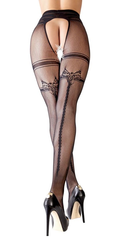 Sieťované pančuchy s otvoreným rozkrokom a vzorom podväzkov
