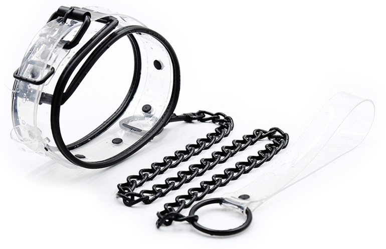 Priehľadný PVC obojok s čiernym lemovaním a čiernou reťazou