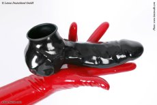 Latexový kondom s varlaty - černý (větší velikost)