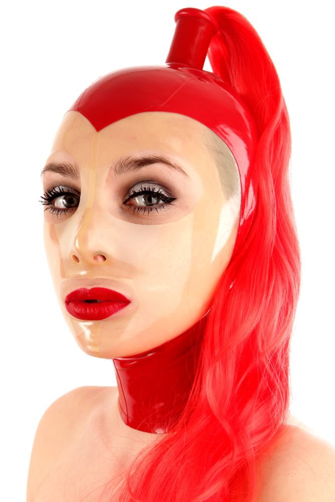 Latexová maska s transparentním obličejem (M, červená, otvor pro vlasy)